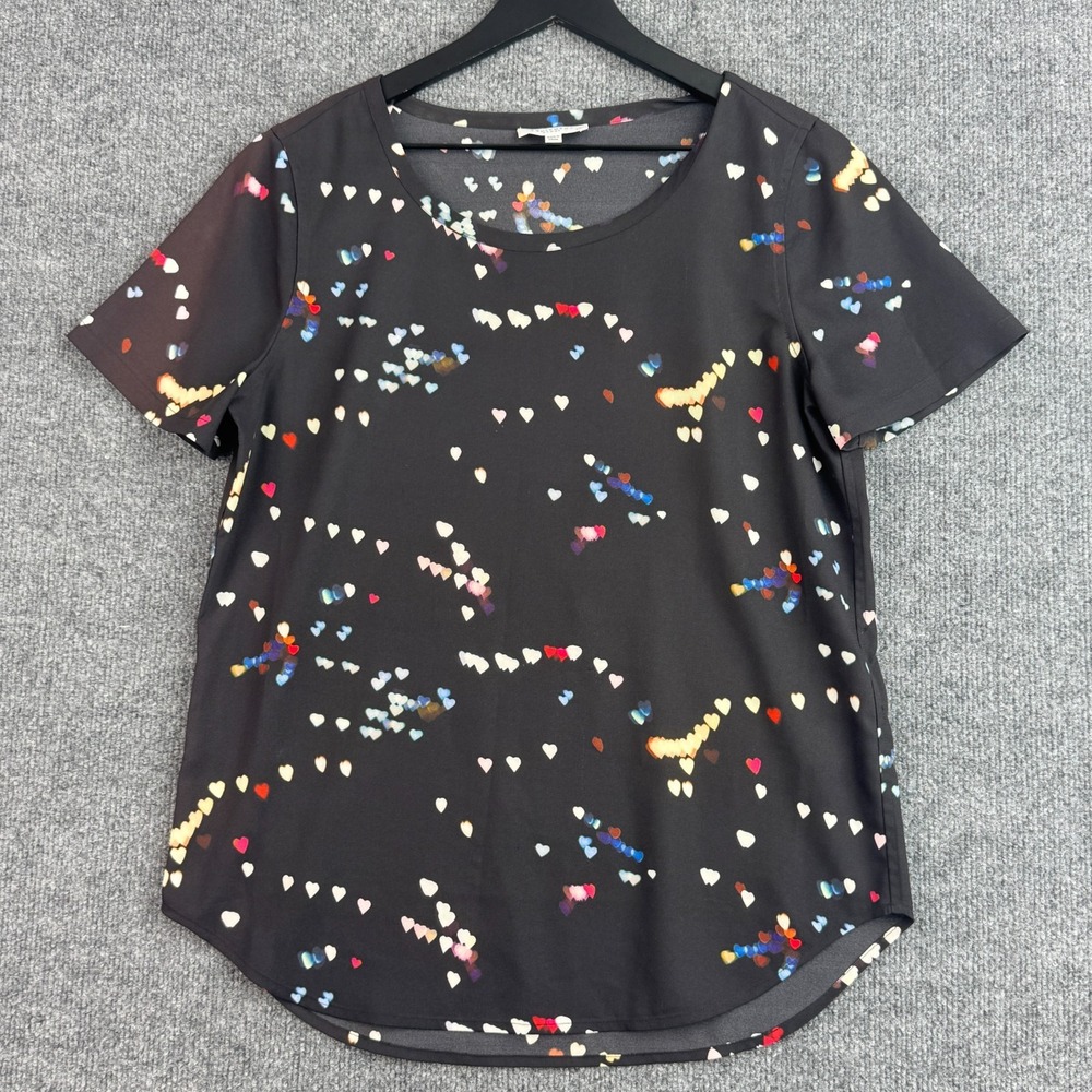 Equipment Femme Blouse Womens S Black Multicolor Heart Print Short Sleeve Top